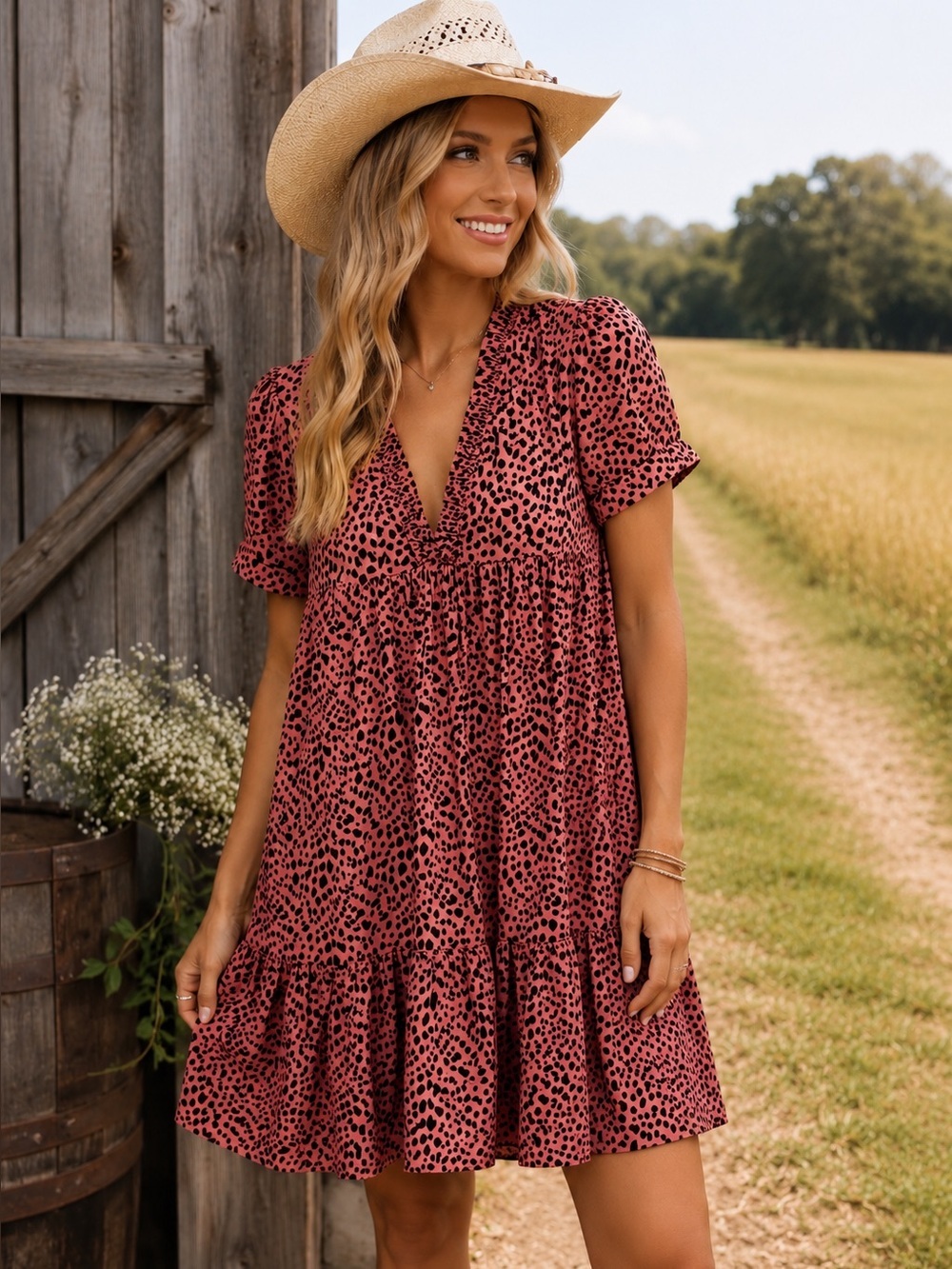 Ophelia Row Leopard Print Ruffle Mini Dress | Size Large | Boho Country Chic